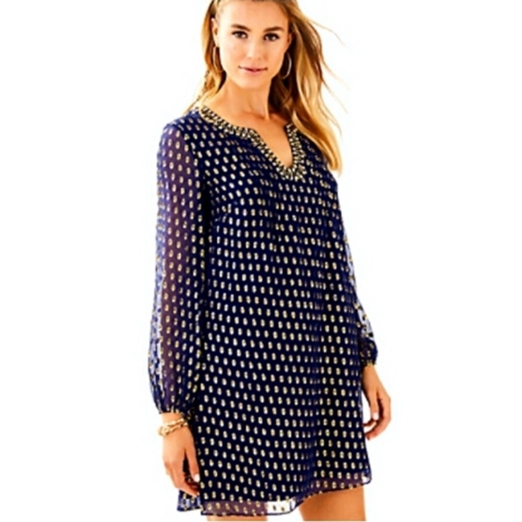 Lilly Pulitzer Colby Silk Tunic Dress In True Navy Crinkle Clip Silk Jaquar - Picture 1 of 15